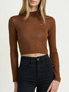 Dynamite Brown Mock Neck Crop Top Long Sleeve S